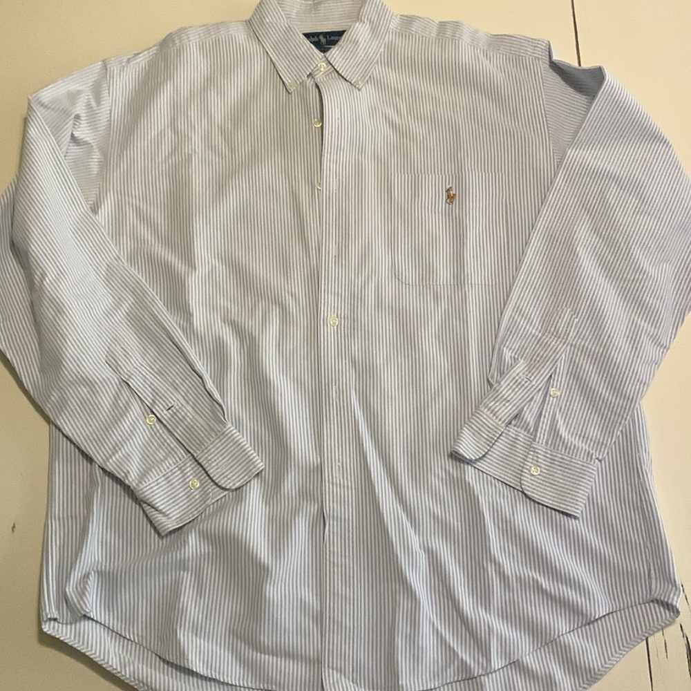 Men’s RL big shirt, blue pinstripe, preowned, (L) 27” chest, 33” length
